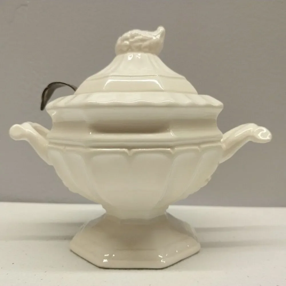Vintage Ivory Ceramic Covered Sugar Bowl Grape Pedestal w/ Original Metal Spoon